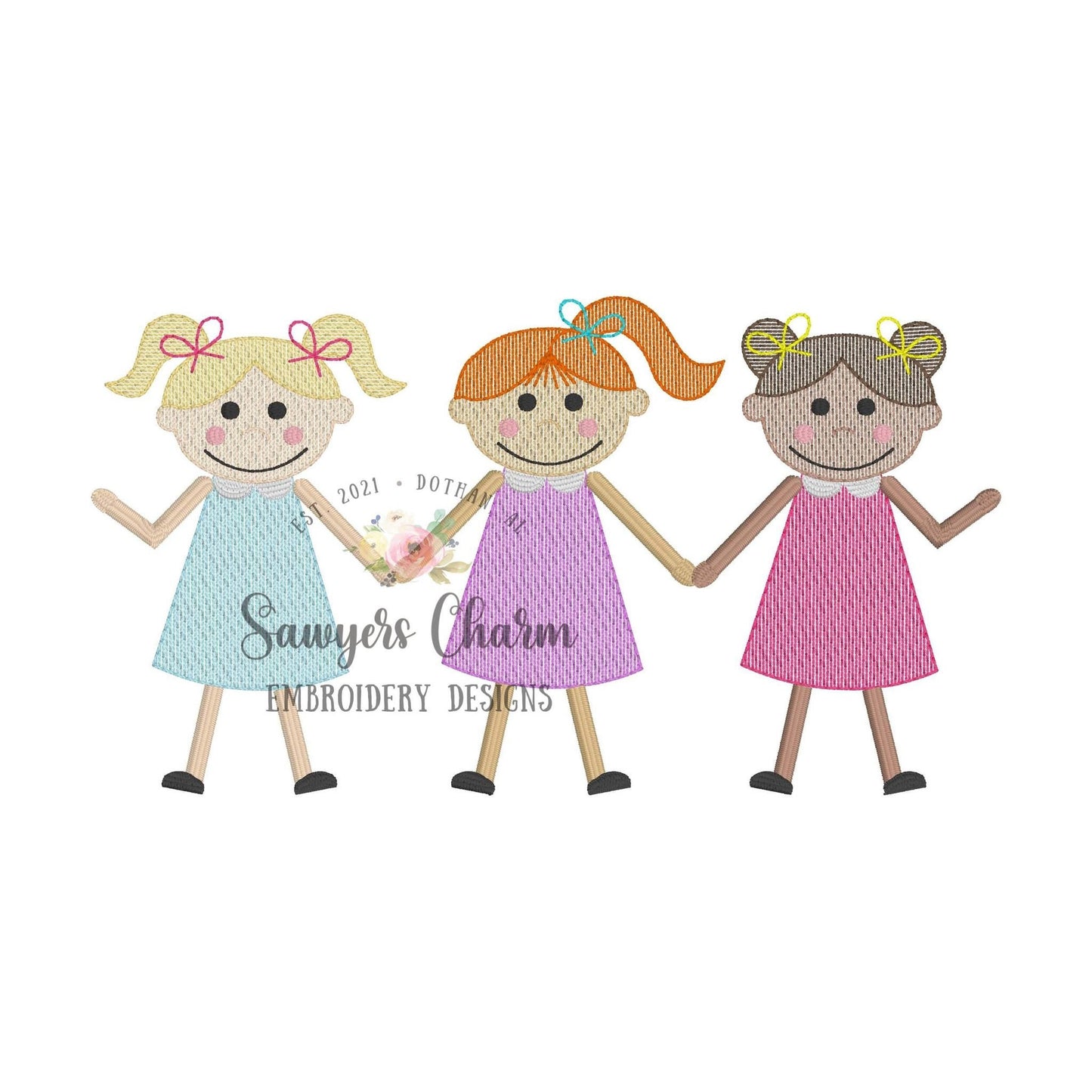 Girl best friends holding hands sketch stitch machine embroidery design file, quick stitch, dresses, summer, pigtails, bows, bun, ponytail