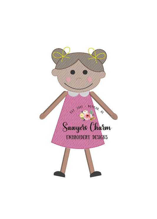 Little girl with buns & bows in dress light fill sketch stitch machine embroidery design file, quick stitch, paper doll, several sizes