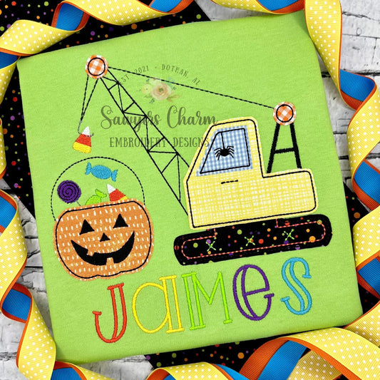 Halloween crane bean stitch machine applique embroidery design, quick stitch, construction digger truck transportation jackolantern candy