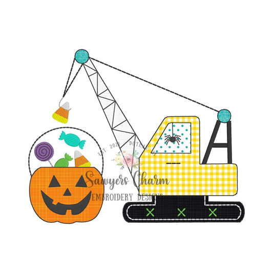 Halloween crane bean stitch machine applique embroidery design, quick stitch, construction digger truck transportation jackolantern candy