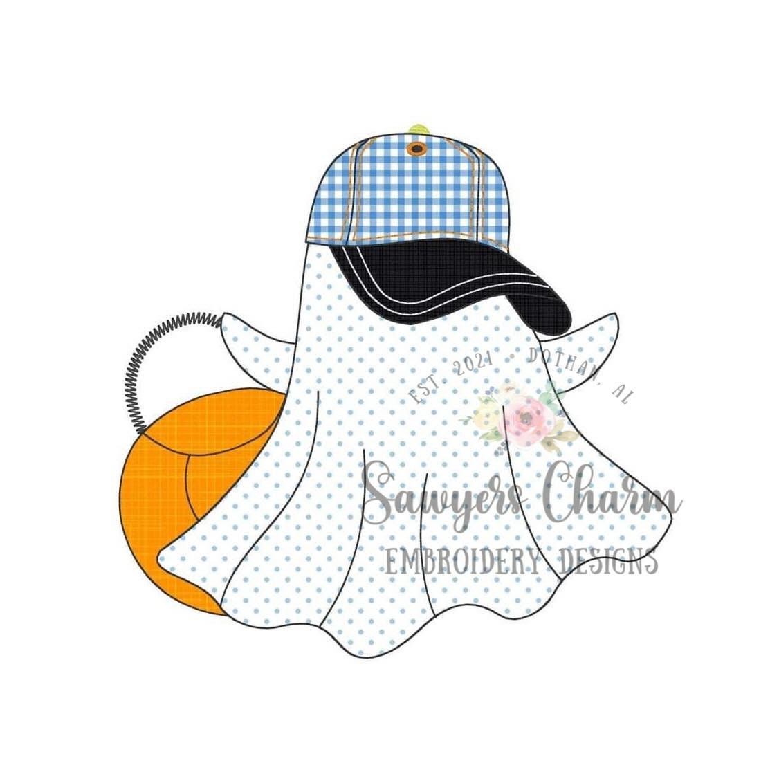 Ghost with ballcap & candy bucket bean stitch machine applique embroidery design, quick stitch, fall, halloween spooky season trick or treat