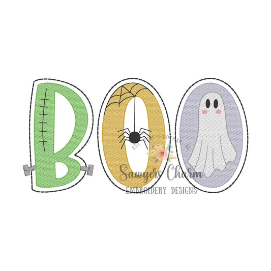 BOO boy with bows sketch stitch machine embroidery design file, fall, Halloween, spiderweb, ghost, Frankenstein, spooky, scary season