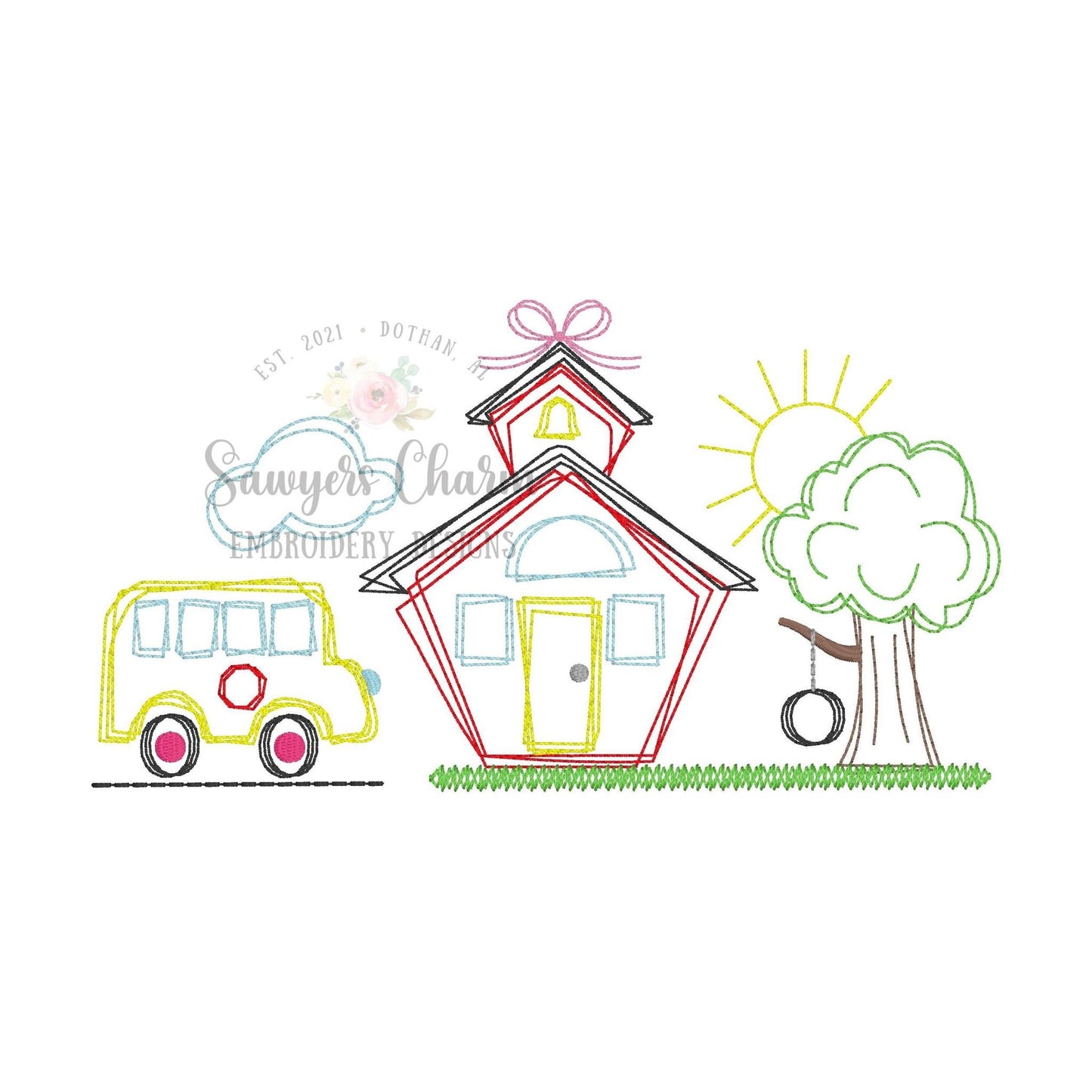 BUNDLE Squiggly Back to school bus, school house, tree with swing trio with/without bow, bean stitch embroidery design file, quick stitch