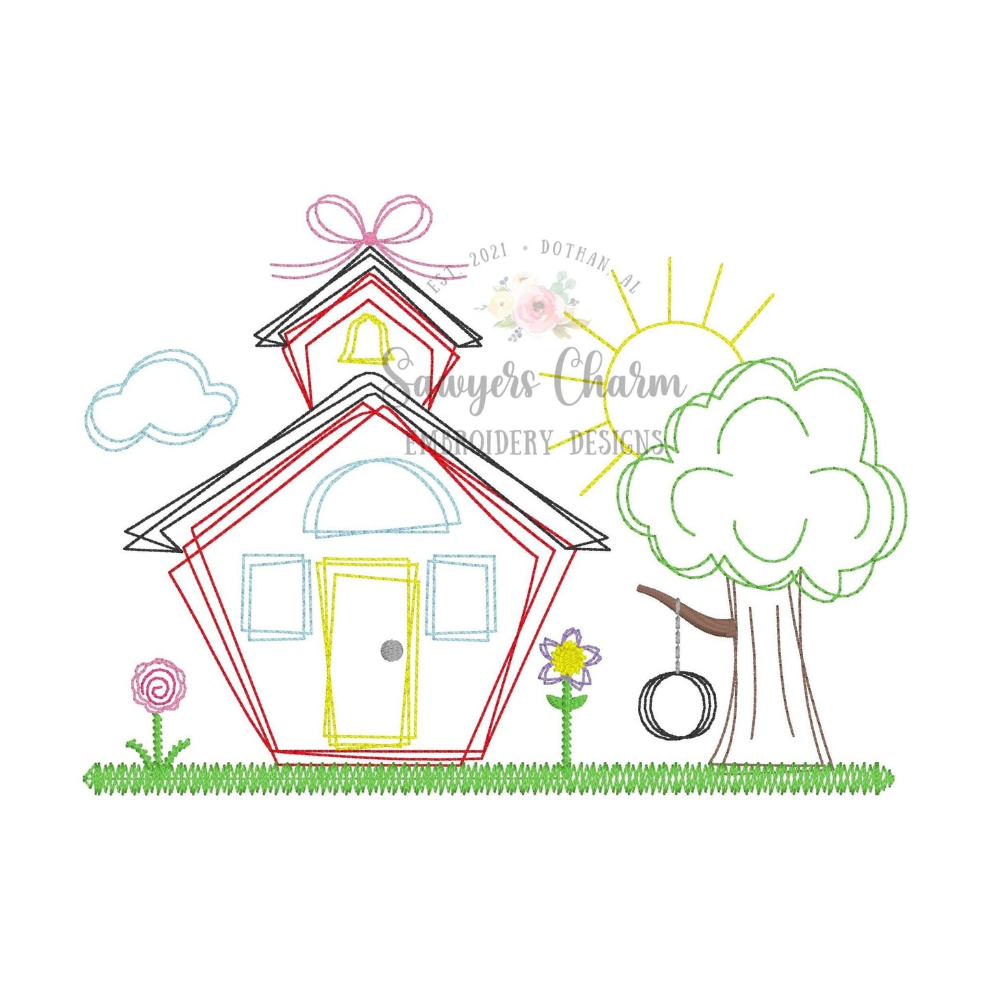 BUNDLE Squiggly school house & tree with swing with/without bow/flowers, bean stitch embroidery design file, quick stitch, back to school