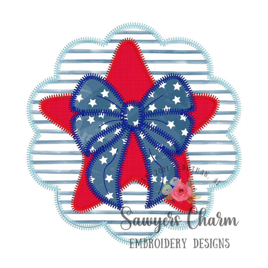 BUNDLE Star in scallop patch with bow bean & zigzag stitch machine embroidery design file, July 4th, patriotic, stars/stripes, America