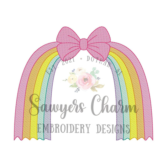 Boho bow with streamers rainbow sketch stitch machine embroidery design file, coquette, little girl, ribbons, bean stitch details, summer