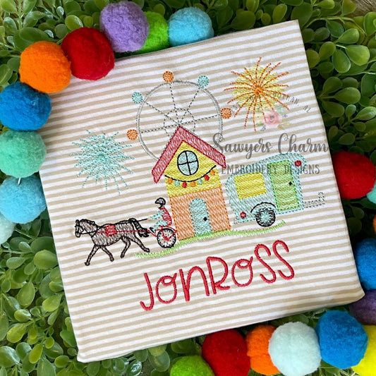 Horse trotting racer, ferris wheel, colorful cabin, camper, fireworks fair scene sketch stitch machine embroidery design file, county fair