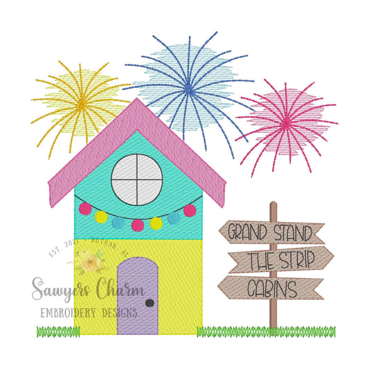 Colorful cabin with signs, lights, & fireworks fair scene sketch stitch machine embroidery design file, county fair, summer, rides