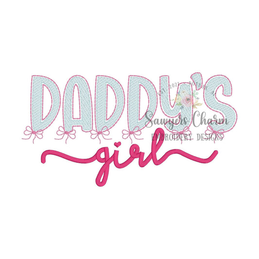 Daddy's Girl with bows light fill sketch stitch machine embroidery design file, satin stitch, bean stitch, Father's Day, love, heart