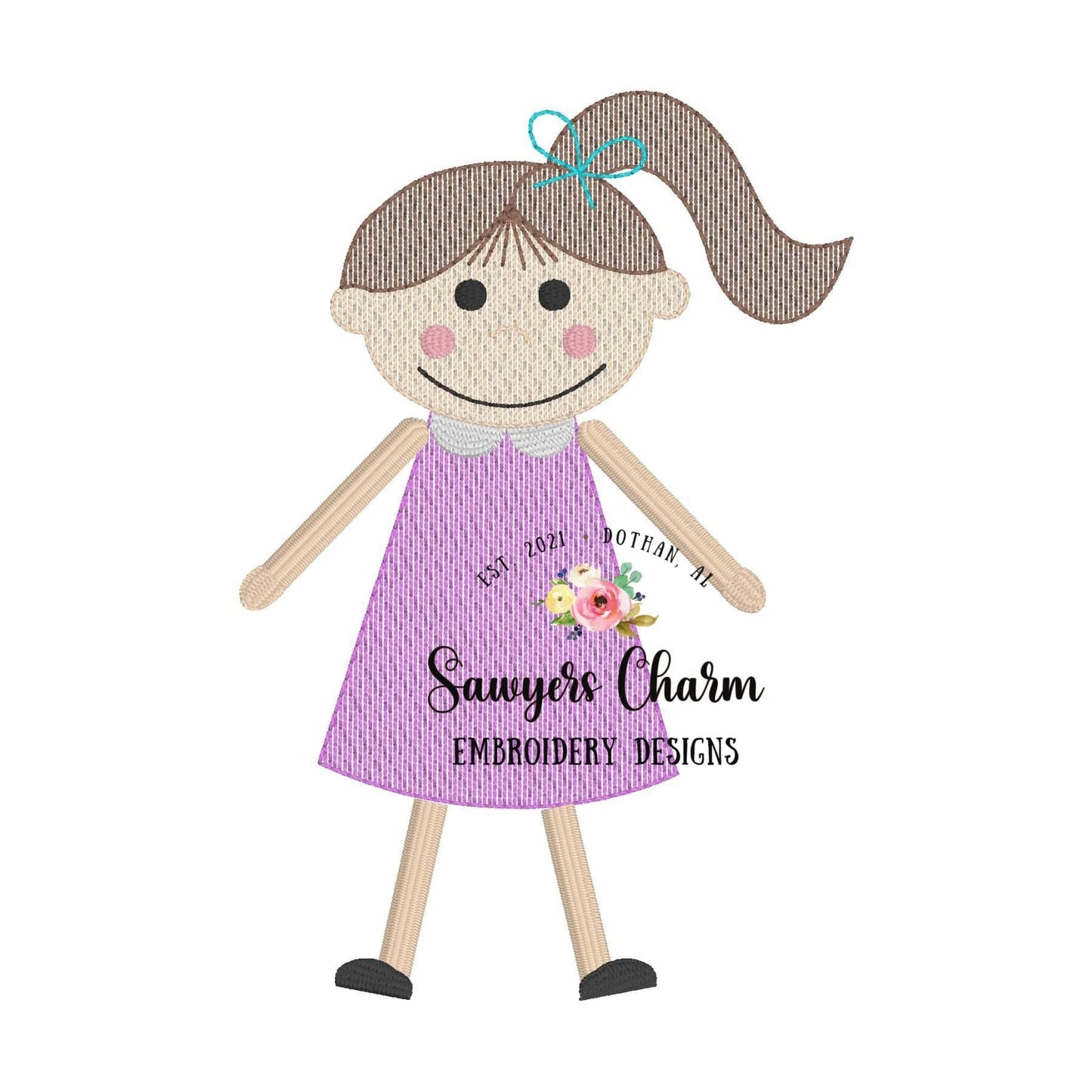 Little girl with ponytail & bow in dress light fill sketch stitch machine embroidery design file, quick stitch, paper doll, several sizes