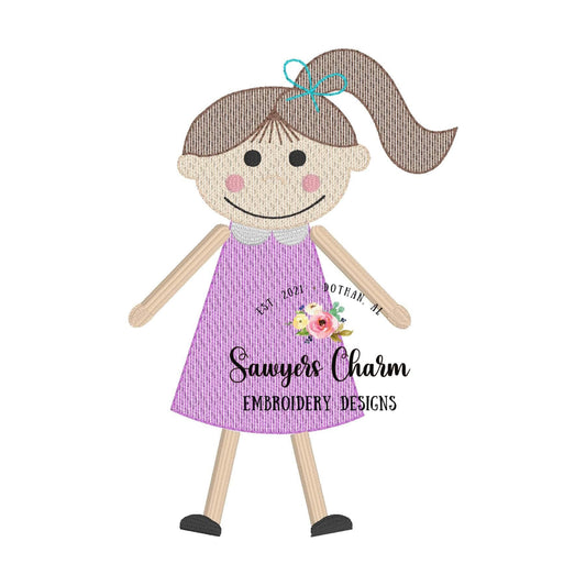 Little girl with ponytail & bow in dress light fill sketch stitch machine embroidery design file, quick stitch, paper doll, several sizes