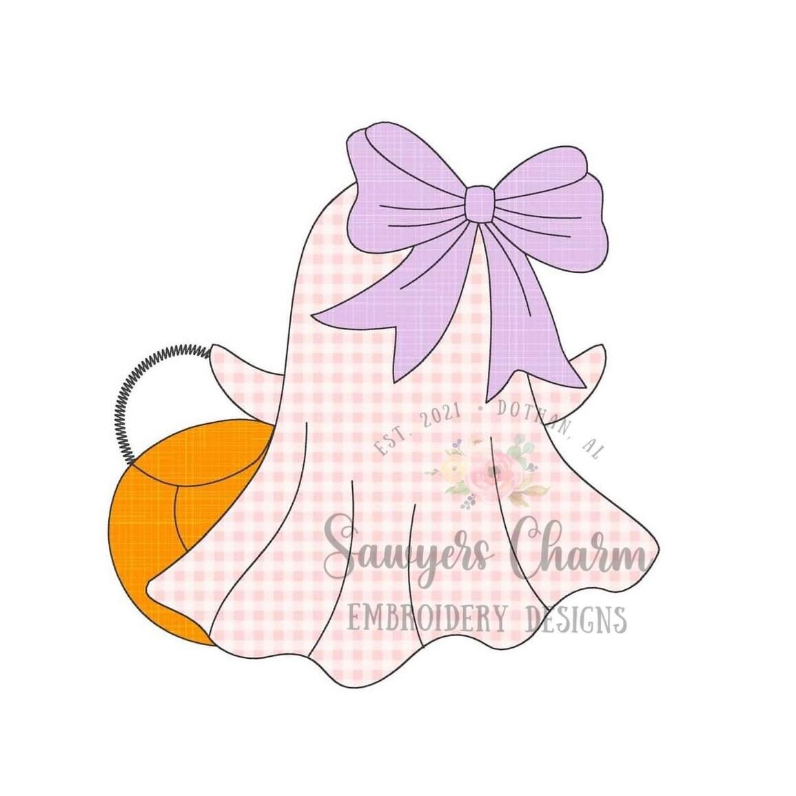 Ghost with bow & candy bucket bean stitch machine applique embroidery design, quick stitch, fall, halloween, spooky season, trick or treat