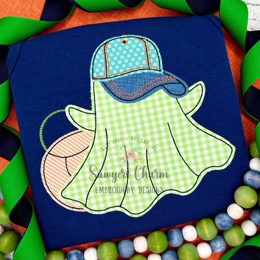 Ghost with ballcap & candy bucket bean stitch machine applique embroidery design, quick stitch, fall, halloween spooky season trick or treat