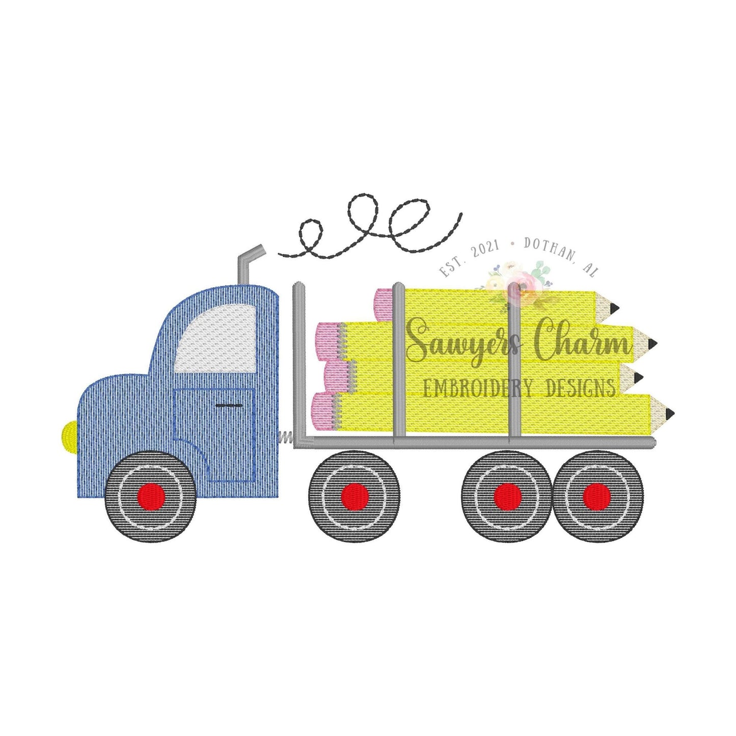 Back to school logging truck with pencils sketch stitch applique machine embroidery design file, transportation vehicle, truck, semi big rig