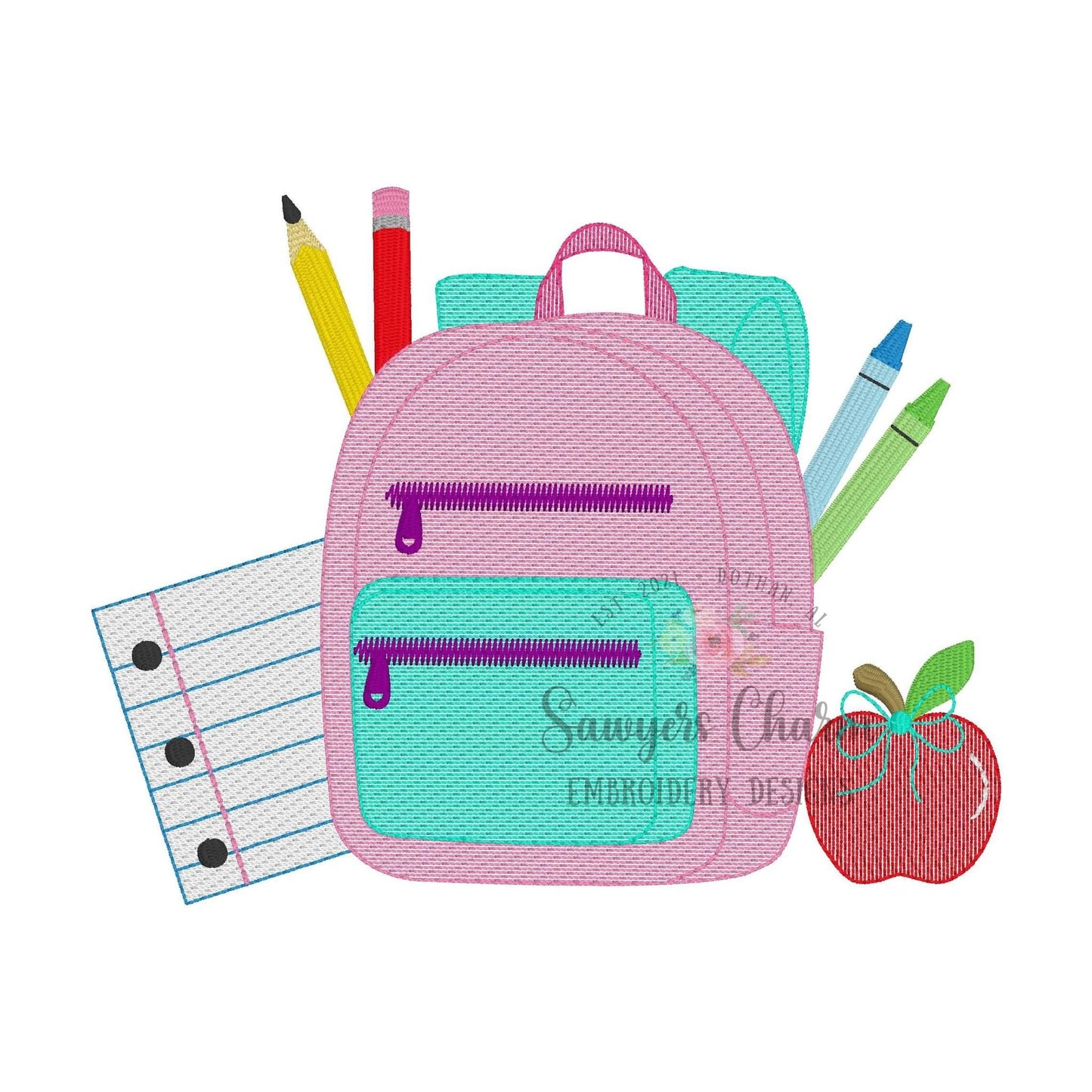 BUNDLE Backpack sketch stitch machine embroidery design, with/without bow, quick stitch, school supplies, apple, pencil, crayons, notebook