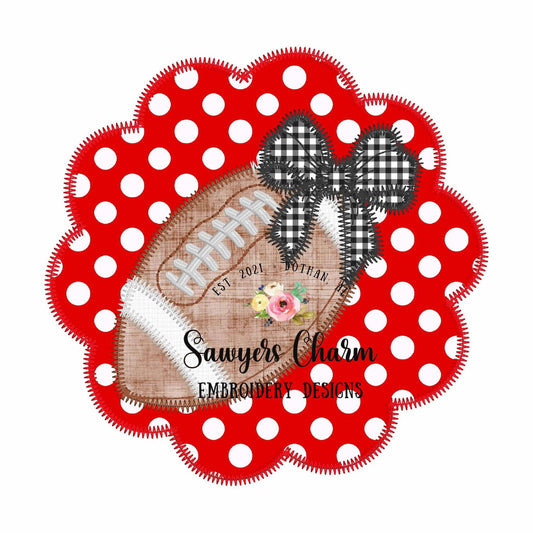 BUNDLE Football with bow on scallop patch, bean & zig zag stitch machine applique embroidery design, quick stitch, fall sports, coquette