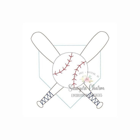 Vintage bean stitch baseball, bats, home plate machine embroidery design file, Perfect for monogram, quick stitch, sports fan, game day