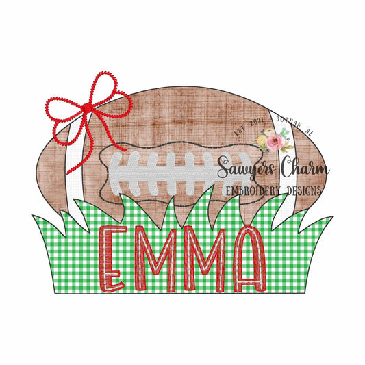 BUNDLE Football with grass name plate with/without bow, bean stitch machine applique embroidery design, quick stitch, fall sports, game day
