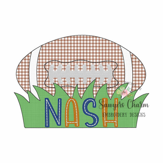 BUNDLE Football with grass name plate with/without bow, bean stitch machine applique embroidery design, quick stitch, fall sports, game day