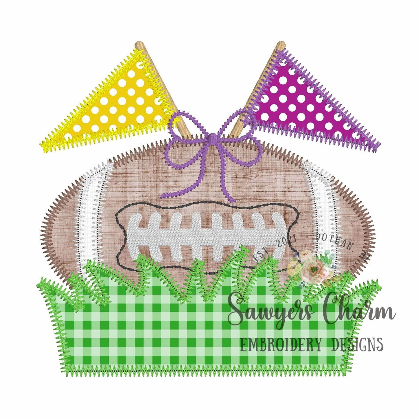 BUNDLE Football with grass name plate & pennants with/without bow, zig zag stitch machine applique embroidery design, quick stitch, sports