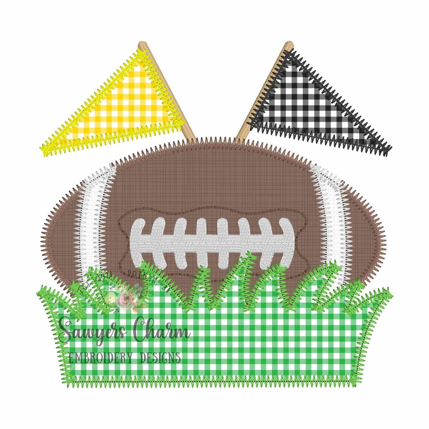 BUNDLE Football with grass name plate & pennants with/without bow, zig zag stitch machine applique embroidery design, quick stitch, sports