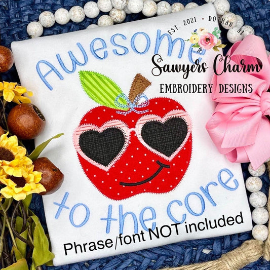 BUNDLE Apple with heart sunglasses and bow zigzag & bean stitch applique machine embroidery design file, dino, back to school, quick stitch