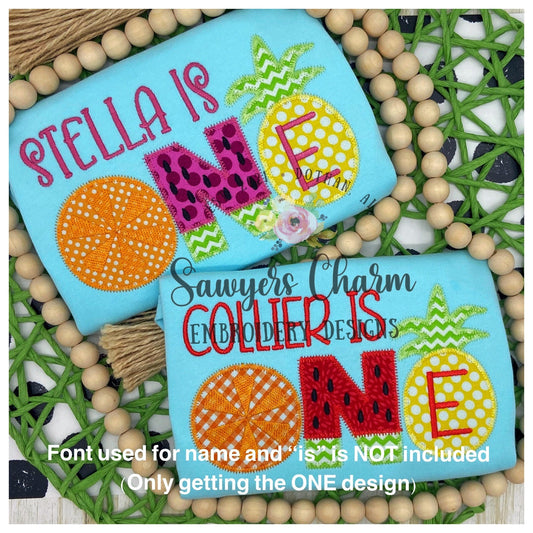 One fruit birthday pineapple watermelon citrus fruit zig zag applique, machine embroidery design file, summer, fruity, first birthday