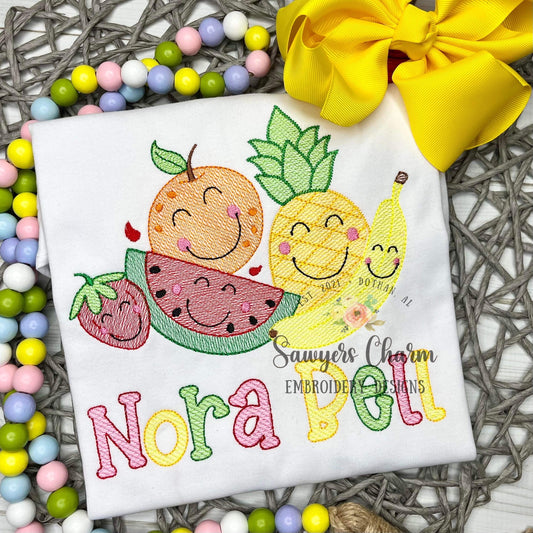 Group of fruit with faces sketch stitch machine embroidery design file, Two-tti fruity, summer, watermelon, pineapple, strawberry, banana