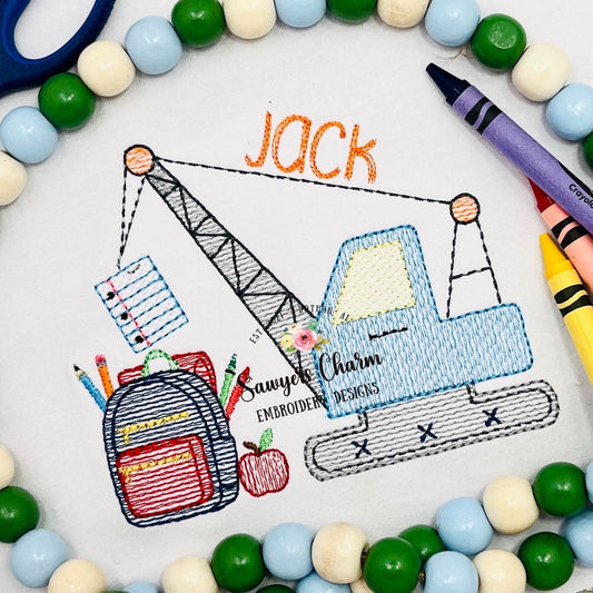 Back to School crane sketch stitch machine embroidery design, quick stitch, construction digger truck transportation, backpack, supplies