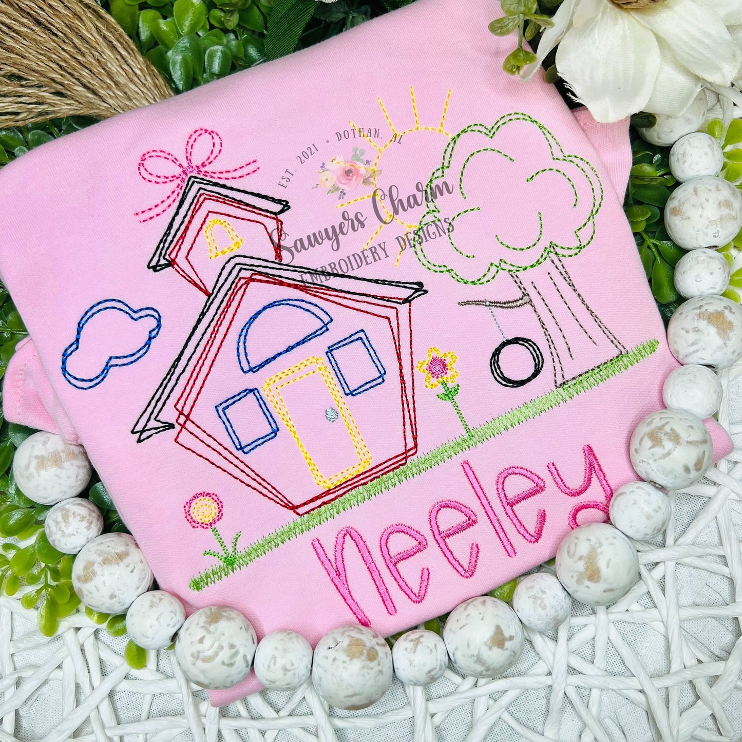 BUNDLE Squiggly school house & tree with swing with/without bow/flowers, bean stitch embroidery design file, quick stitch, back to school