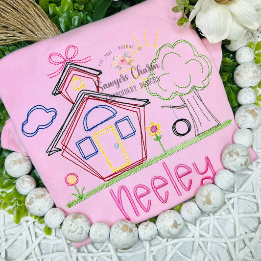 BUNDLE Squiggly school house & tree with swing with/without bow/flowers, bean stitch embroidery design file, quick stitch, back to school
