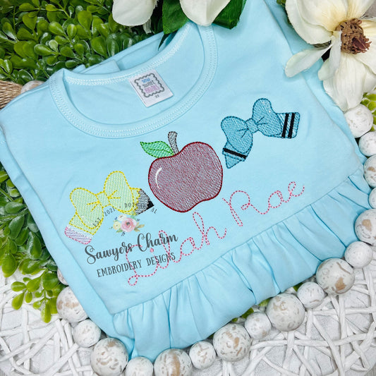 Crayon & pencil bow apple trio sketch stitch machine embroidery design file, quick stitch, colors, back to school, coquette, school supplies