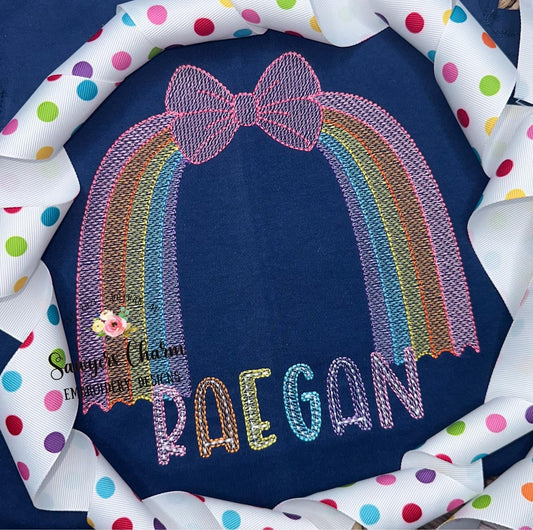 Boho bow with streamers rainbow sketch stitch machine embroidery design file, coquette, little girl, ribbons, bean stitch details, summer