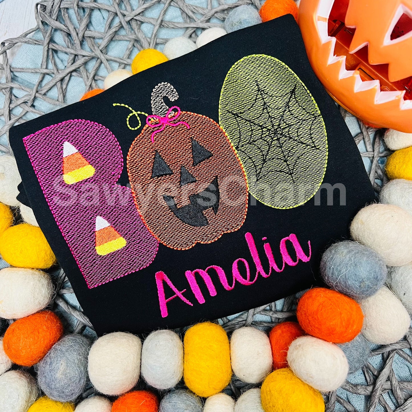 BUNDLE Halloween BOO jackolantern/candy corn/spiderweb with & without bow sketch stitch, machine embroidery design file, fall pumpkin