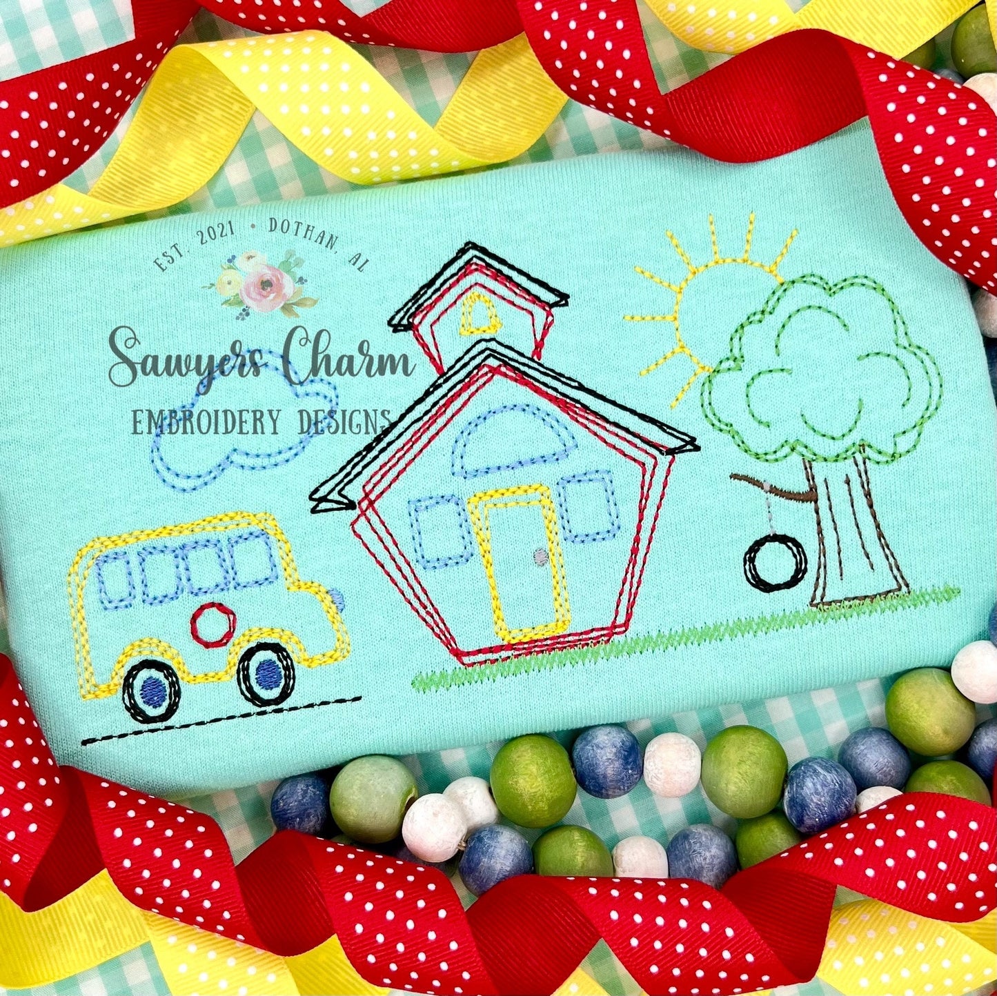 BUNDLE Squiggly Back to school bus, school house, tree with swing trio with/without bow, bean stitch embroidery design file, quick stitch