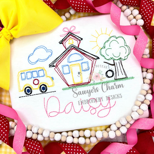 BUNDLE Squiggly Back to school bus, school house, tree with swing trio with/without bow, bean stitch embroidery design file, quick stitch
