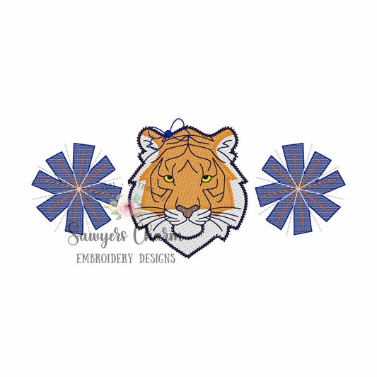 Pom poms and tiger with bow trio, sketch stitch embroidery design file, college university, football cheerleader, cheerleading, coquette