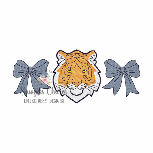 Coquette bows and tiger trio, sketch stitch machine embroidery design, college university, football cheerleader, cheerleading, sports fan