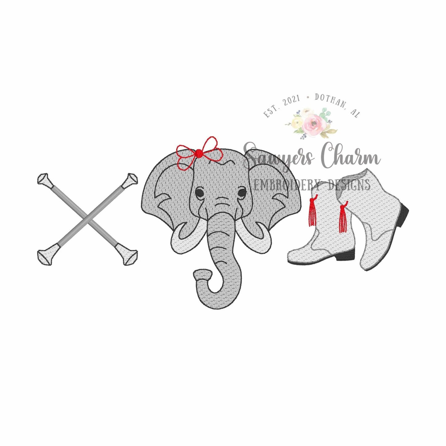 Batons, elephant with bow, majorette boots trio, sketch stitch embroidery design, college university, football cheerleader, dance, coquette