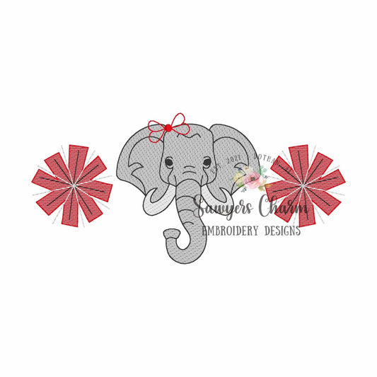 Pom poms and elephant with bow trio, sketch stitch embroidery design file, college university, football cheerleader, cheerleading, coquette