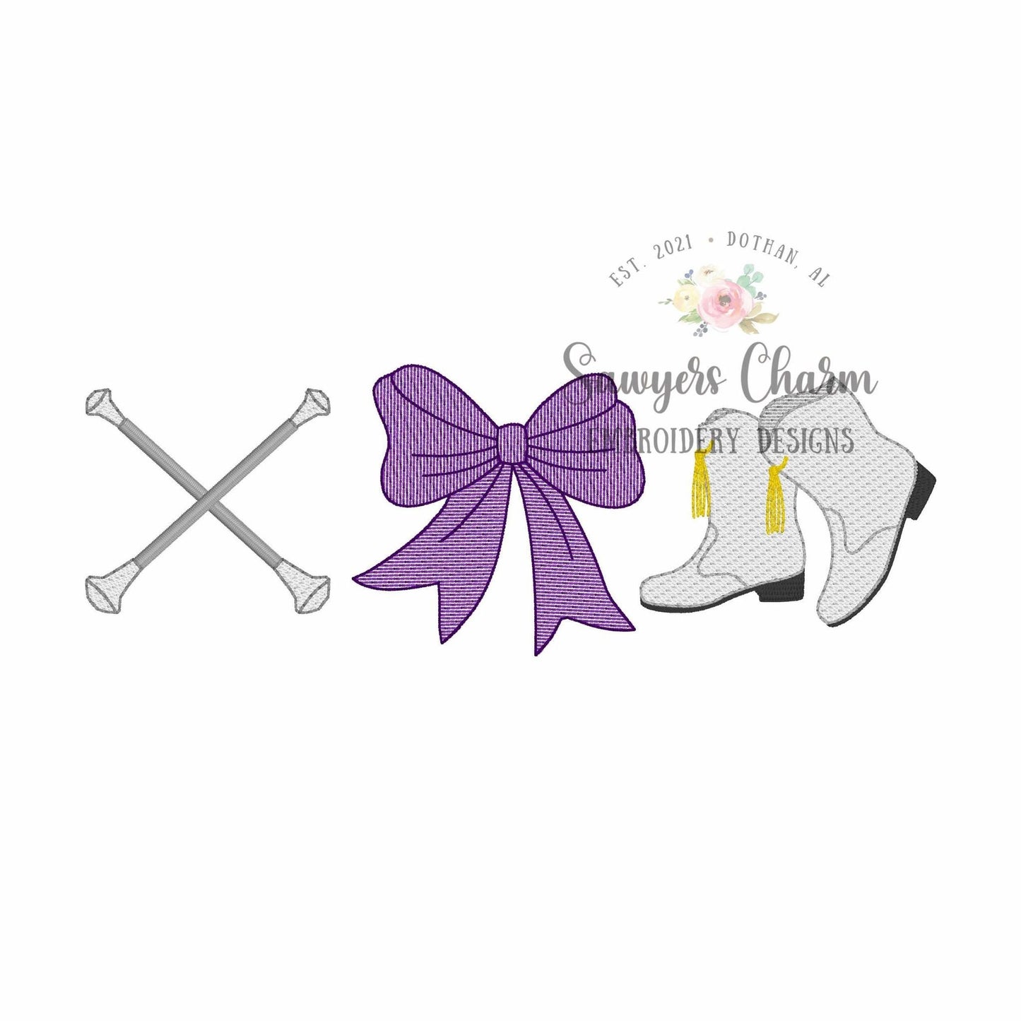 Batons, bow, majorette boots trio, sketch stitch embroidery design, college university, football cheerleader, dance, coquette, mardi gras