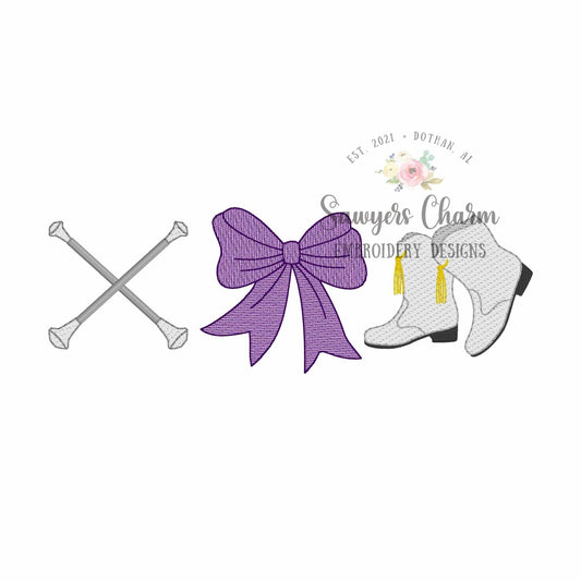 Batons, bow, majorette boots trio, sketch stitch embroidery design, college university, football cheerleader, dance, coquette, mardi gras