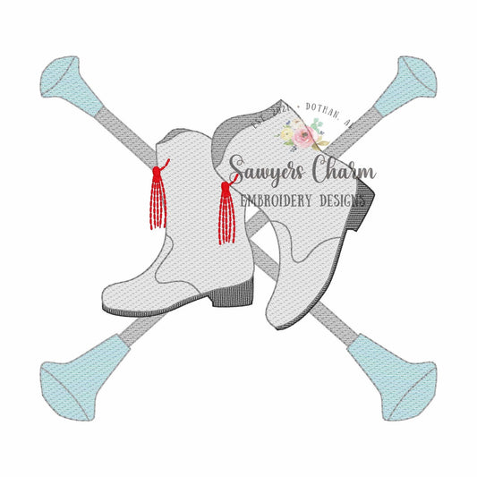 Batons and boots sketch stitch embroidery design, college university, football cheerleader, dance, coquette, majorette, sports fan, band