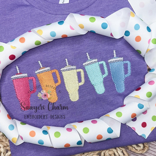 Tumbler to go water cups with straw in a row, fill stitch machine embroidery design file, spring, summer, girl, coquette, mom on the go life