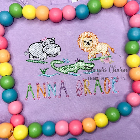 BUNDLE Zoo/jungle/safari animals with & without bows sketch stitch trio, machine embroidery design file, hippo, alligator with water, lion