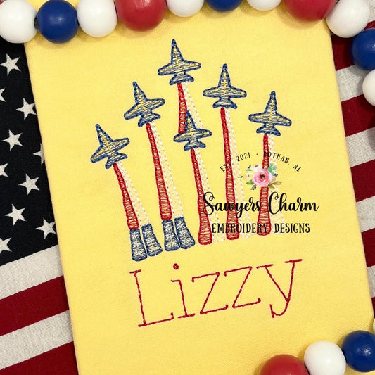 Blue jets, stars/stripes, flag smoke sketch stitch machine embroidery design file, 4th of July, patriotic, summer, America, air show