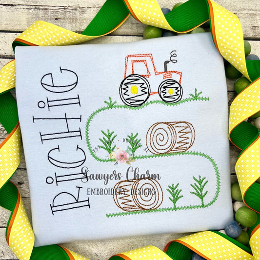 Squiggly Tractor hay bales trio bean stitch machine embroidery design file, quick stitch, farming, harvest, transportation, wheat, crops