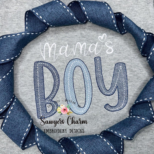 Mama's Boy light fill sketch stitch machine embroidery design file, satin stitch, vintage retro, Mother's Day, mom, baby boy, toddler, love