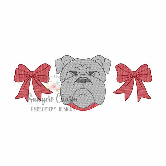 Coquette bows & bulldog with collar trio, sketch stitch machine embroidery design, college university, football cheerleader, sports fan