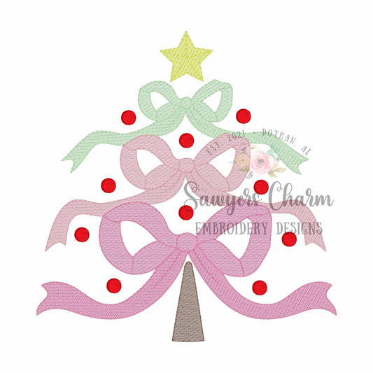 Coquette Bows Christmas tree with ornaments sketch stitch, machine embroidery design file, quick stitch, happy holidays, star